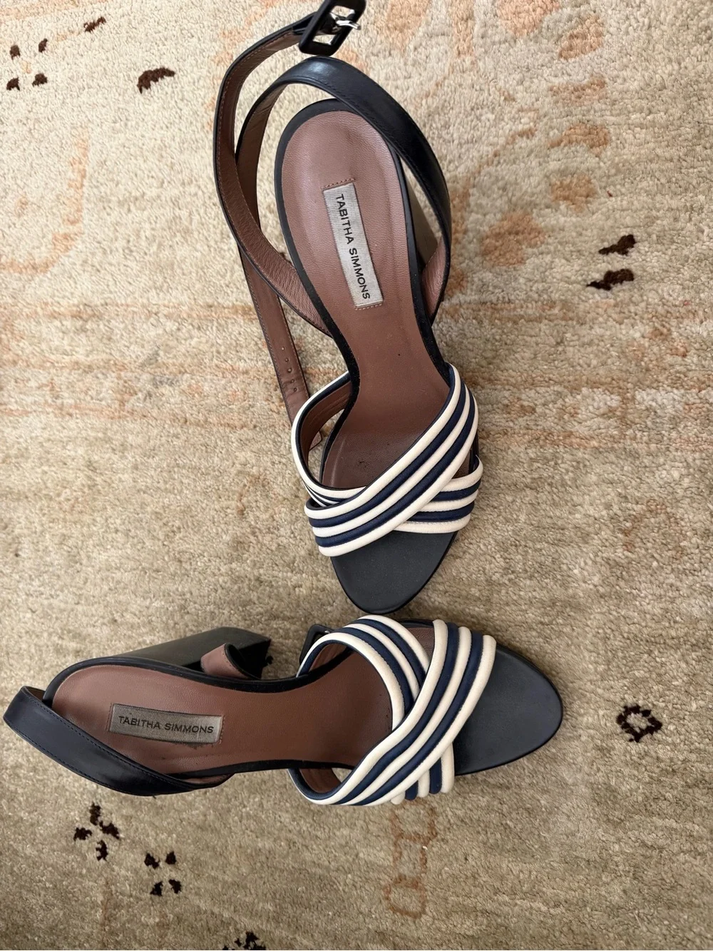 Tabitha Simmons Navy and Cream Striped Crisscross Slingback Heels
